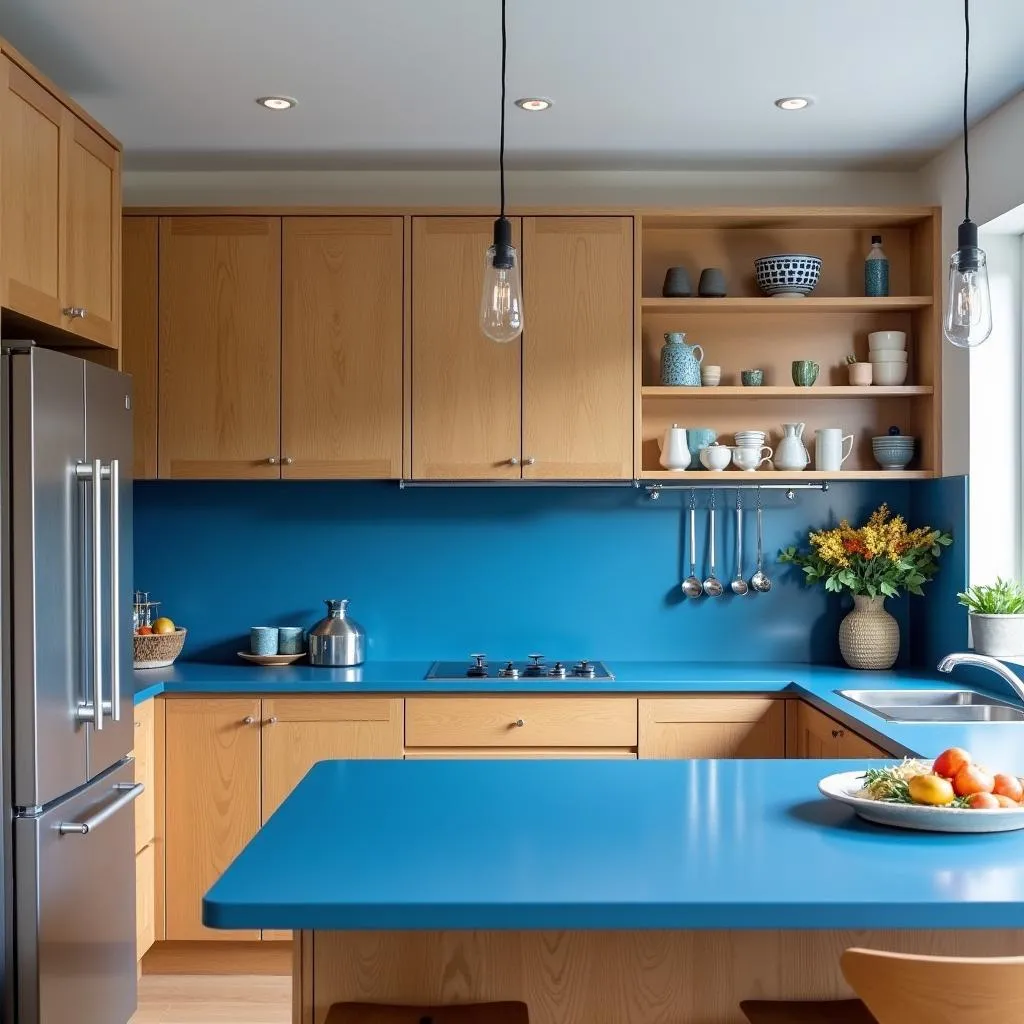 Blue Countertops and Oak Cabinets