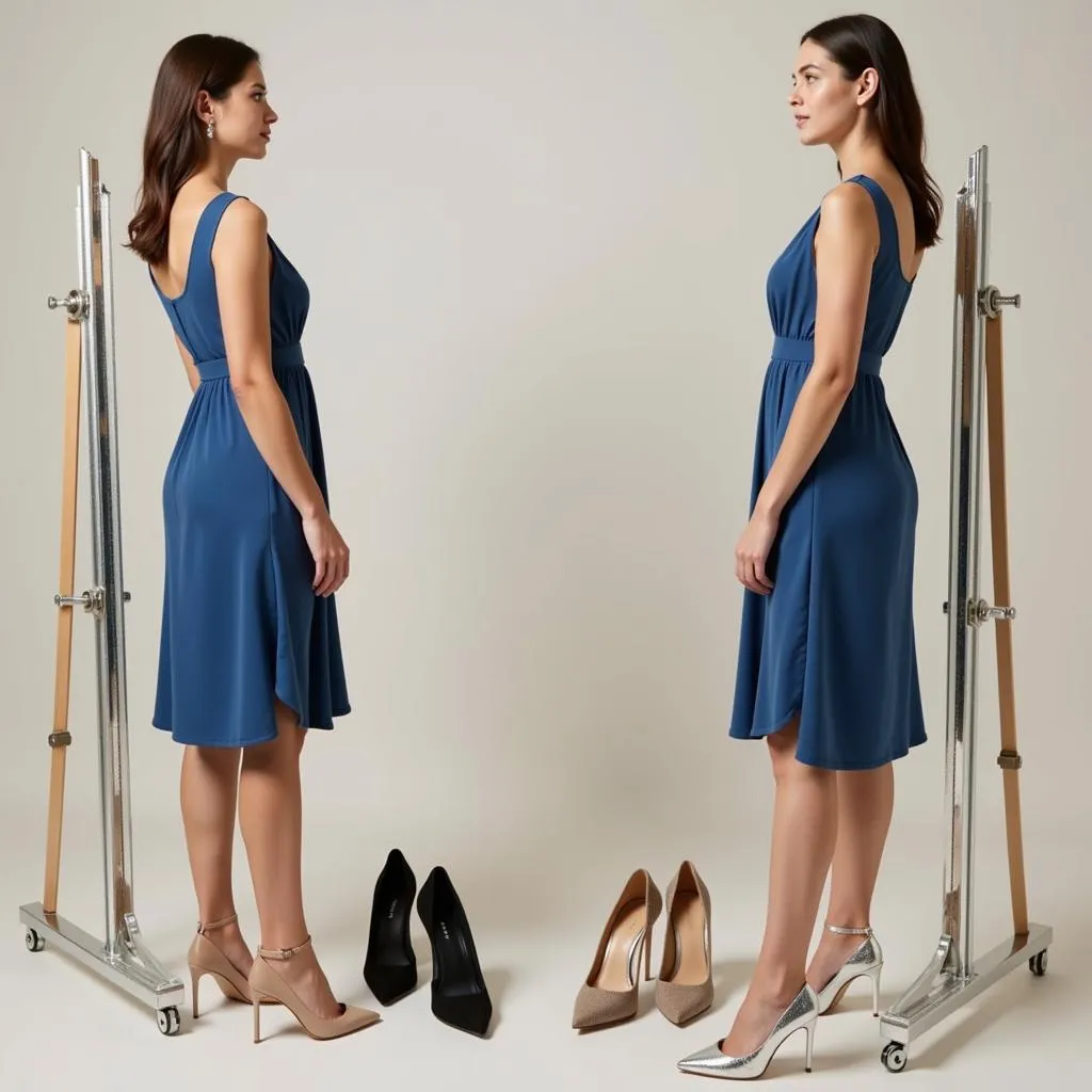 Women trying on different shoe colors with a blue dress