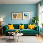 Modern living room with blue walls, green velvet sofa, and yellow accent pillows