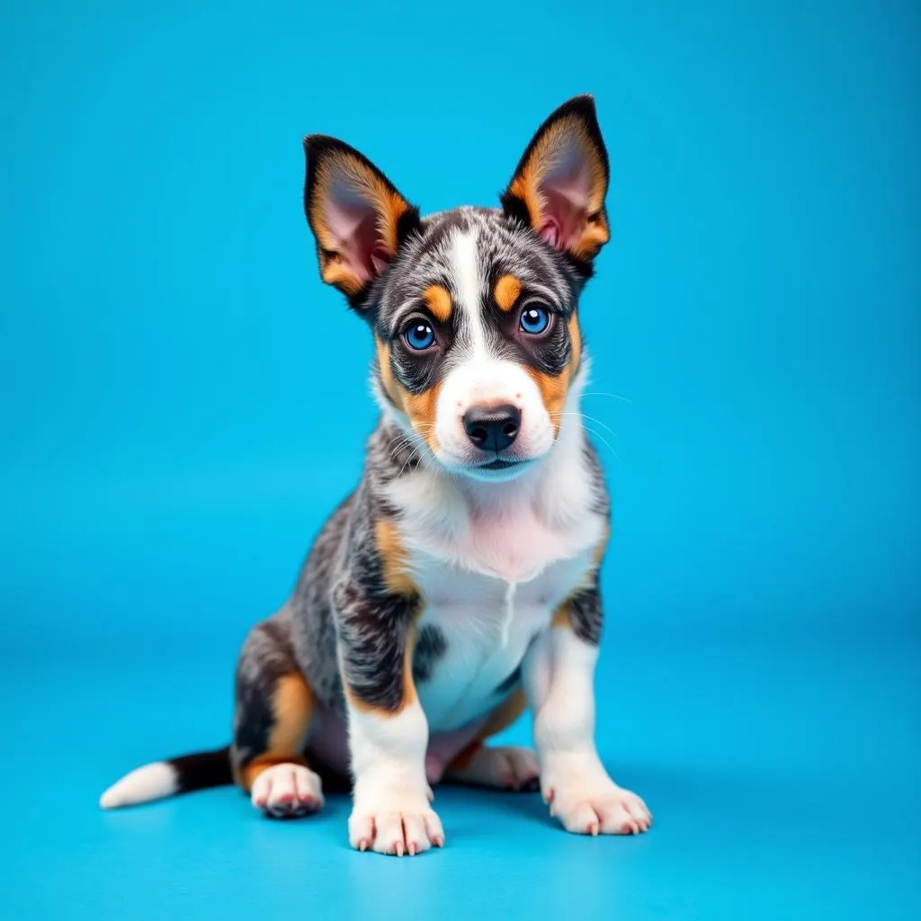 Blue Heeler Puppy on Blue Background