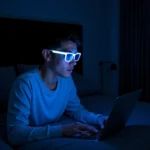 Person wearing blue light blocking glasses while working on laptop