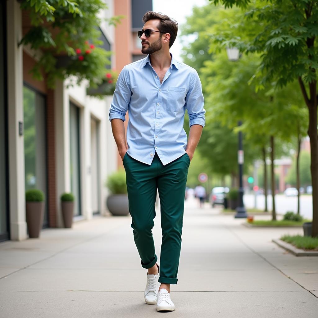 Man in a light blue shirt and forest green pants