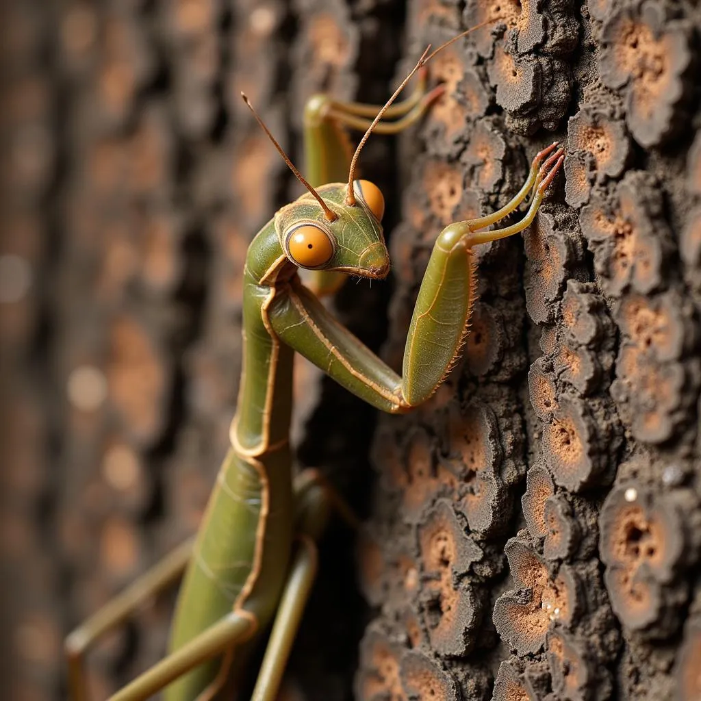 Brown praying mantis blending with tree bark