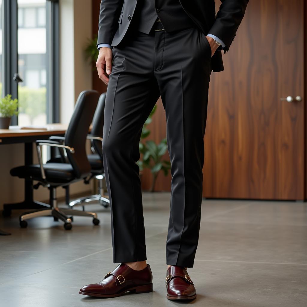 Burgundy shoes paired with a black suit for a semi-formal event