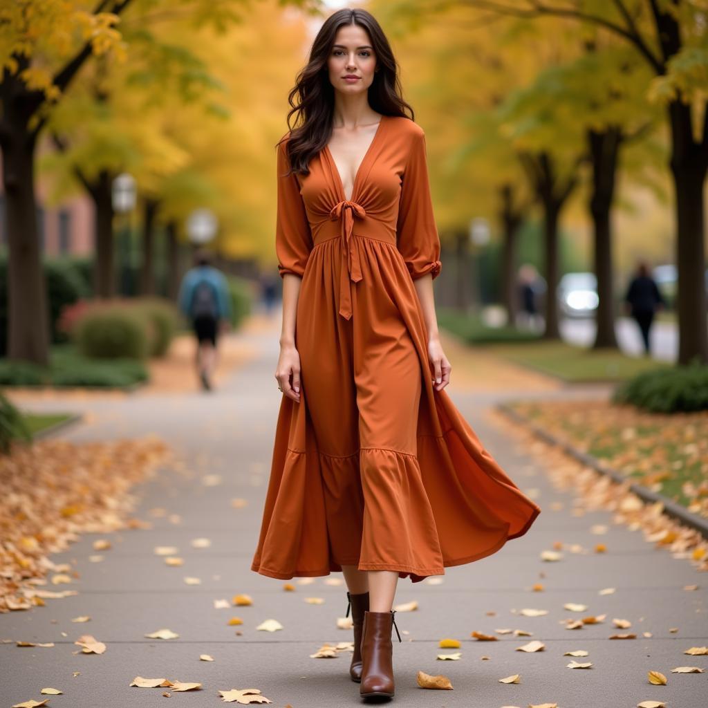 Woman wearing a burnt orange dress with brown leather boots