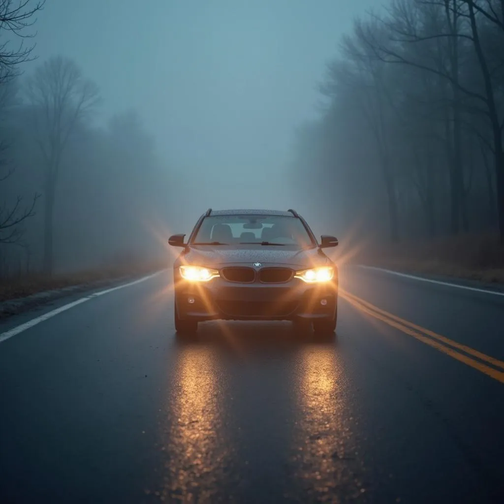 Car driving with headlights on in foggy conditions