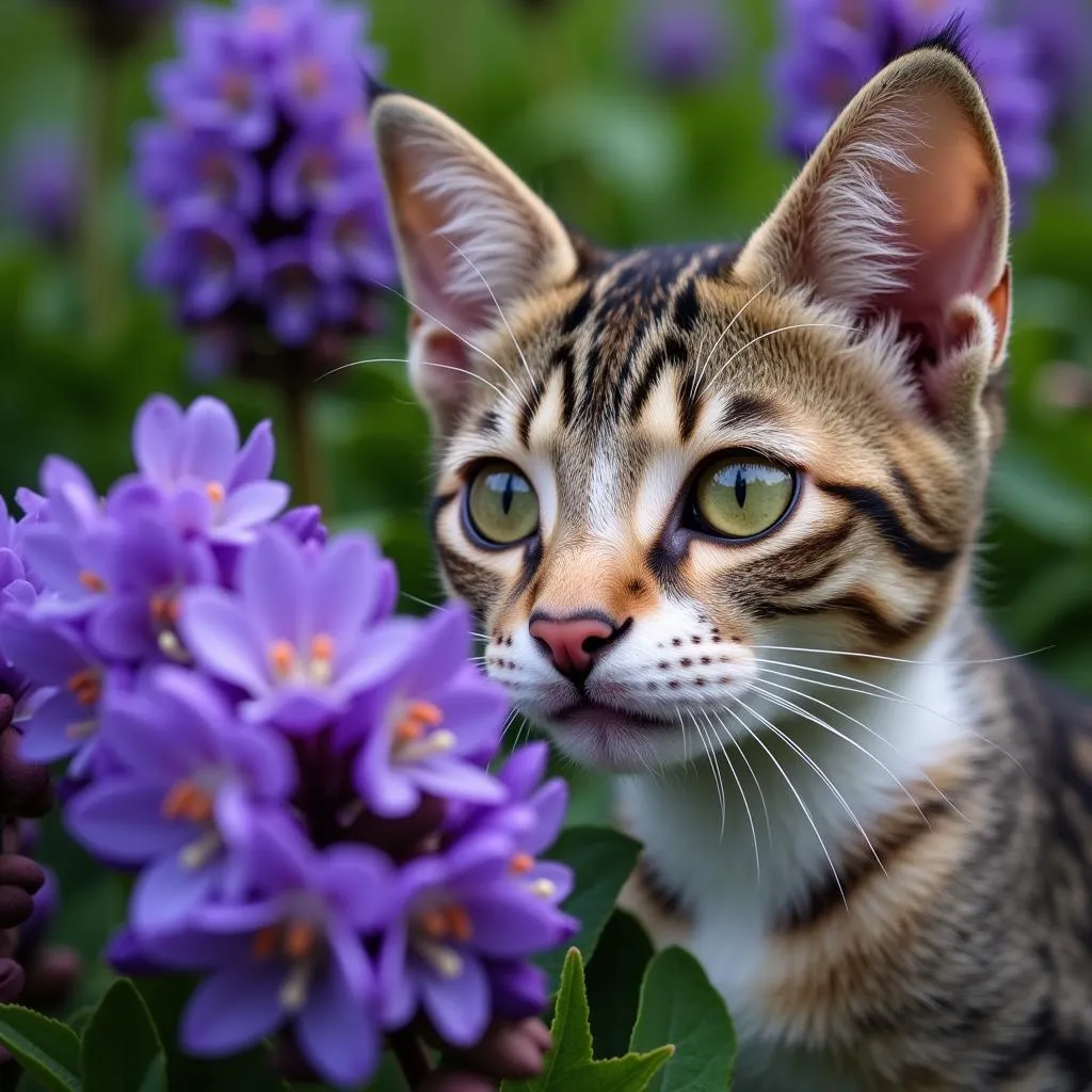 Cat Gazing at Purple Flowers