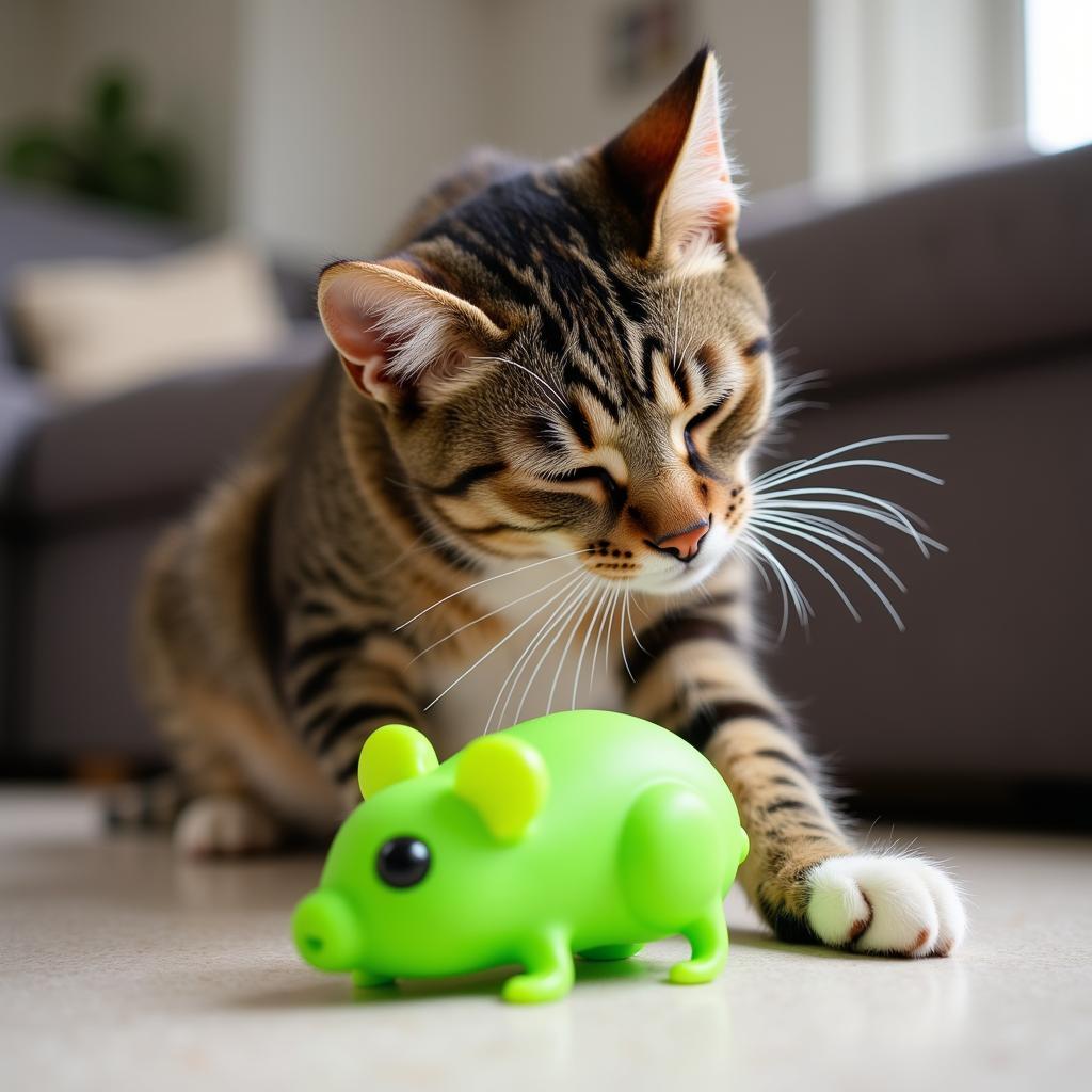 A cat playing with a green toy.