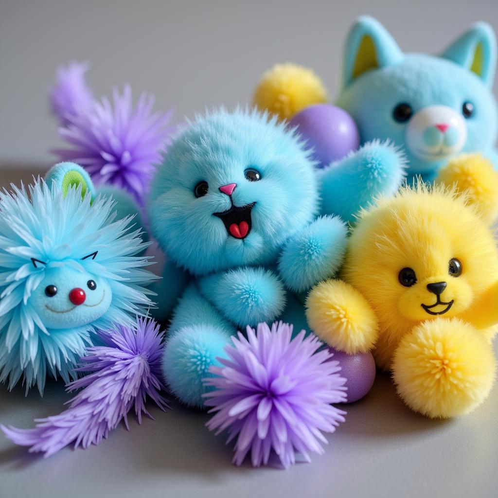 Cat toys in blue, purple and yellow colors.