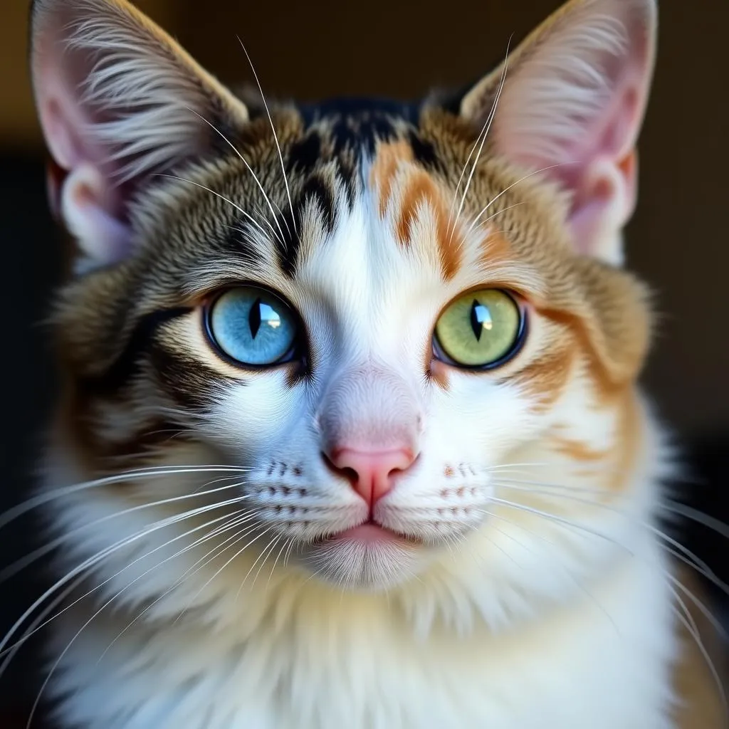 A portrait of a cat with heterochromia, displaying one bright blue eye and one striking green eye. The image highlights the captivating beauty of this genetic anomaly.