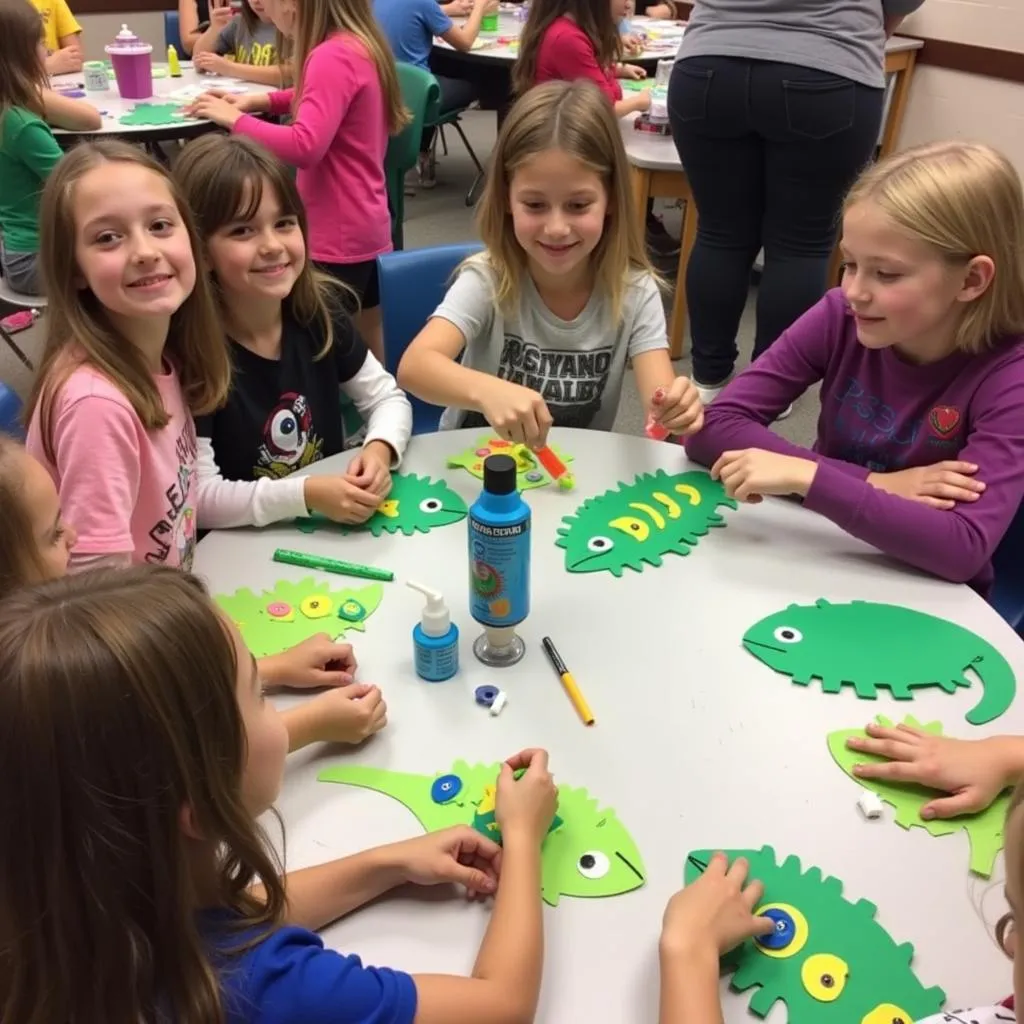 Children engaging in a chameleon craft activity