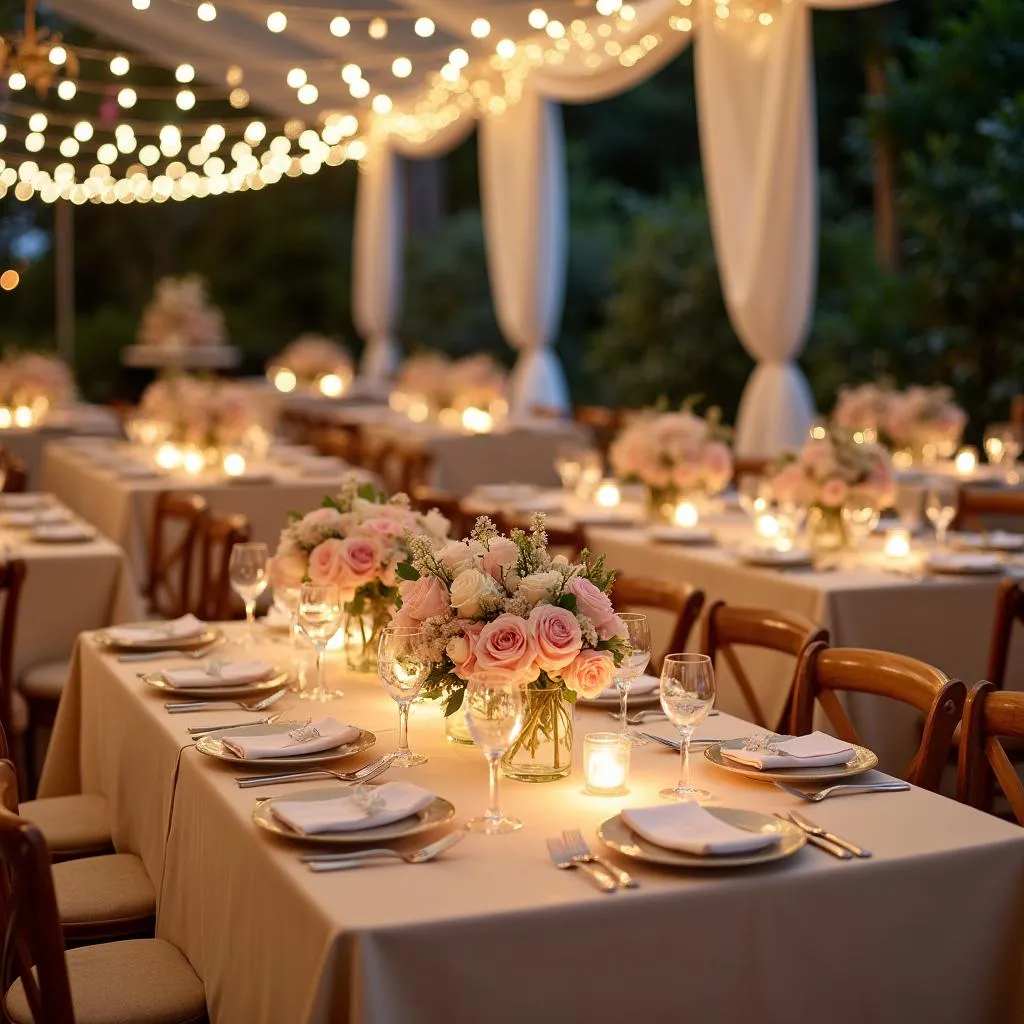 Wedding reception decor in champagne and blush