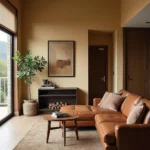 Living room with champagne walls and brown furniture