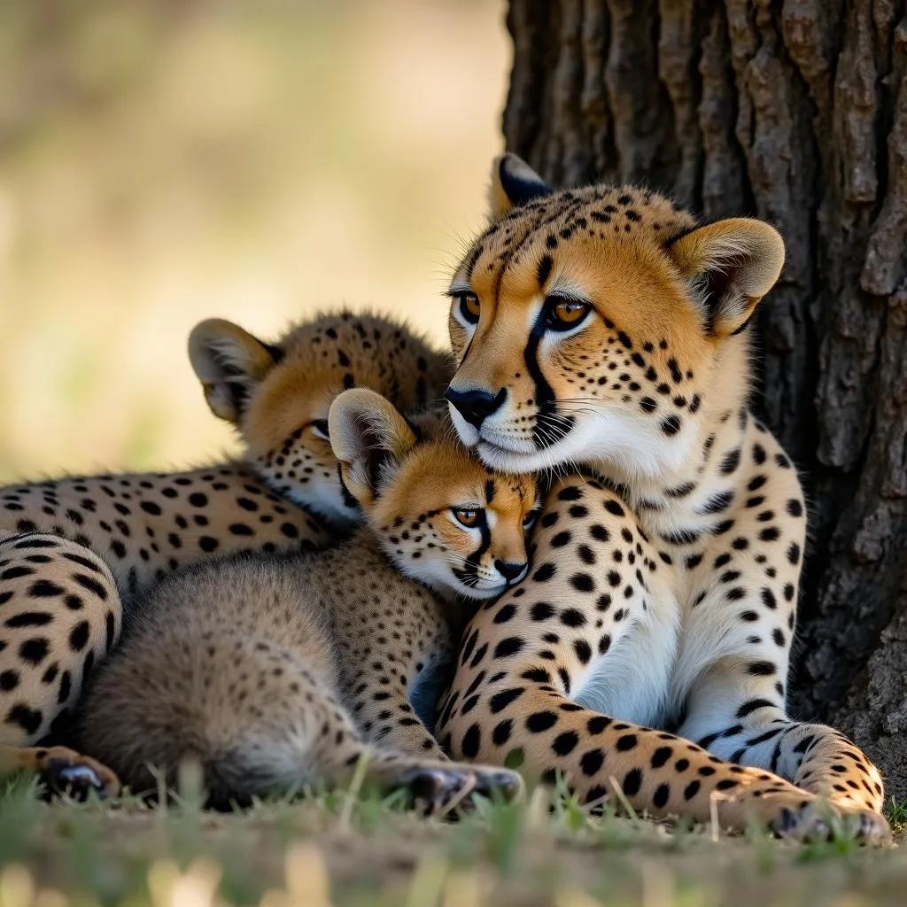 Cheetah mother with her cubs