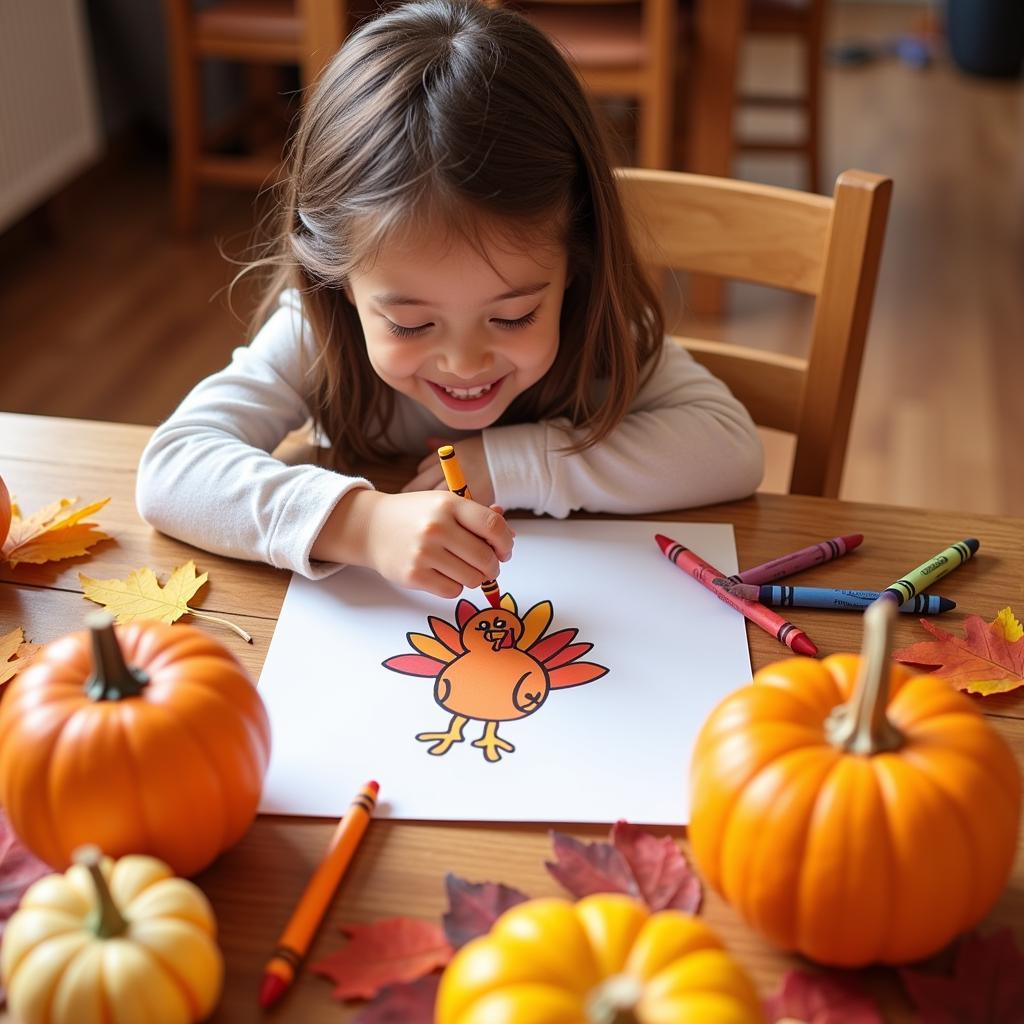 Child coloring a turkey picture for Thanksgiving