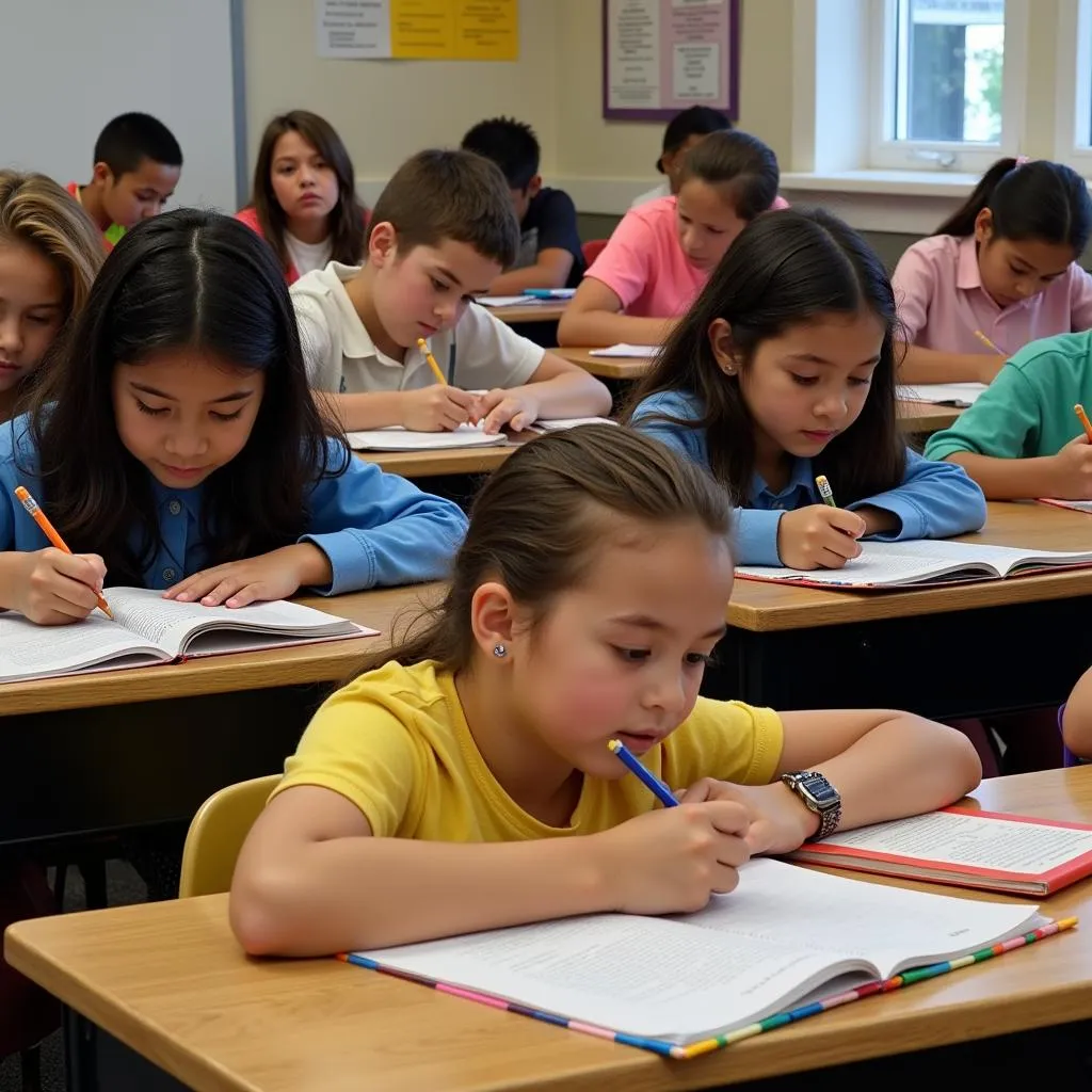 Children engrossed in writing, inspired by the book