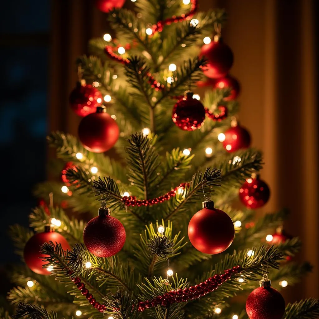 Christmas tree adorned with warm white lights and red ornaments.