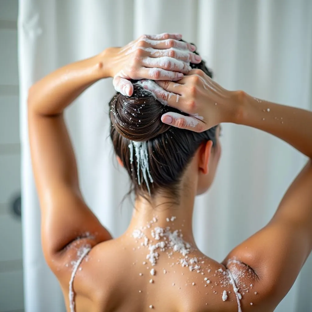 A woman washing her hair in the shower, preparing for hair coloring.