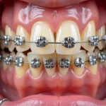 Silver braces with stained elastics