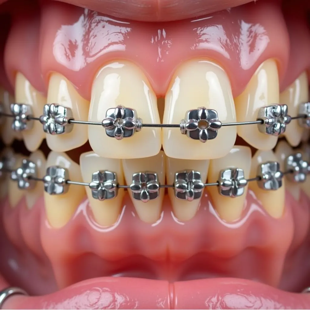 Silver braces with stained elastics