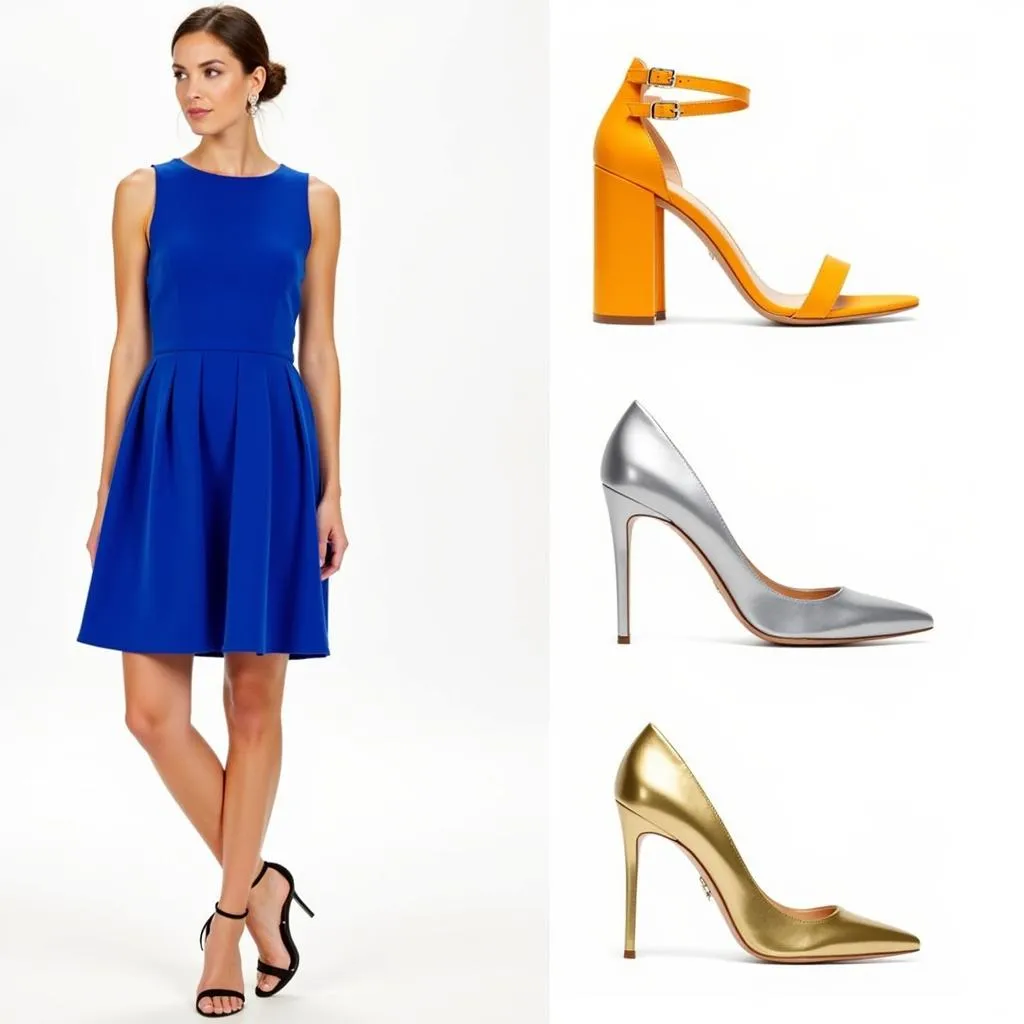 Cobalt blue dress styled with bold-colored shoes