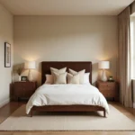 A bedroom with coffee brown accents and beige walls