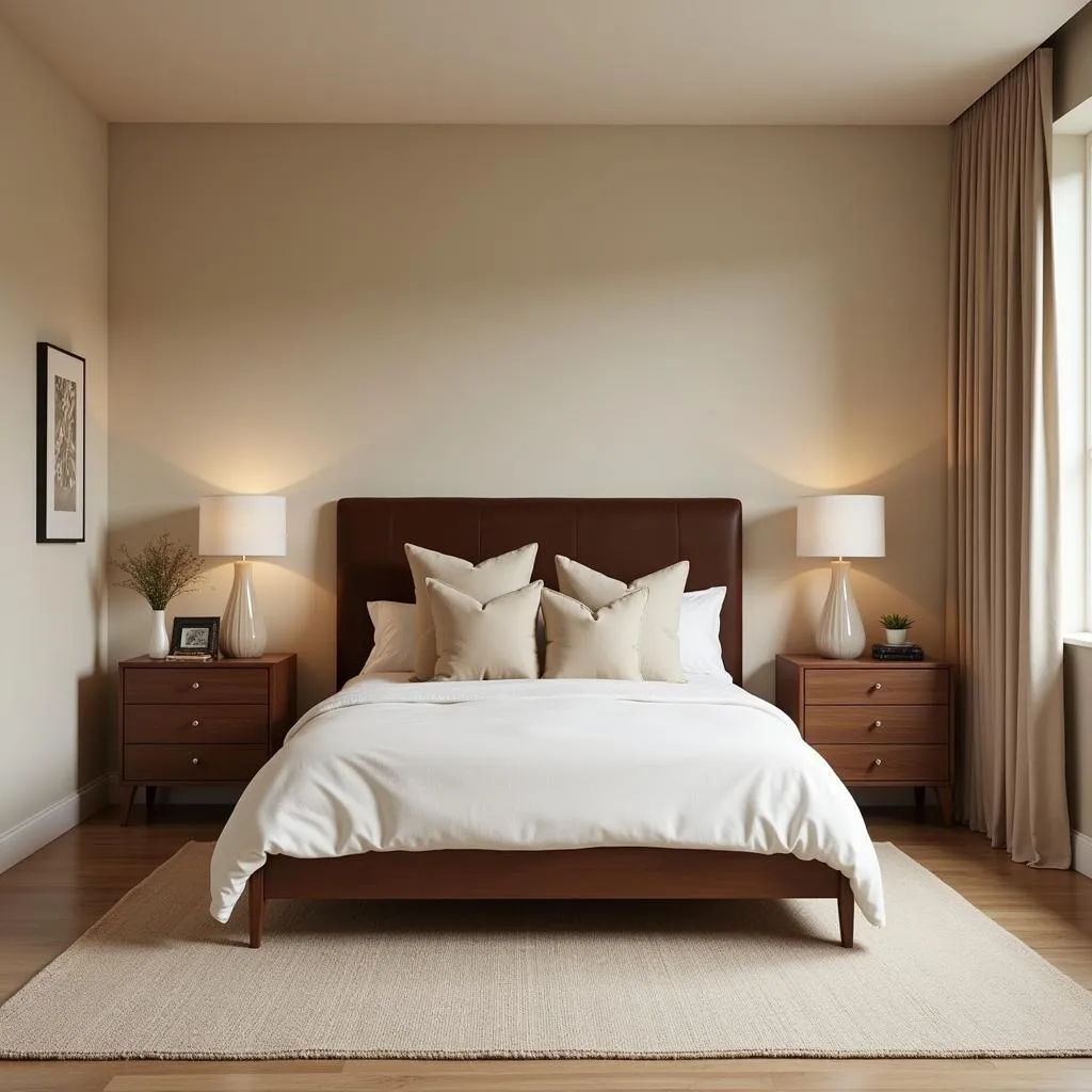 A bedroom with coffee brown accents and beige walls