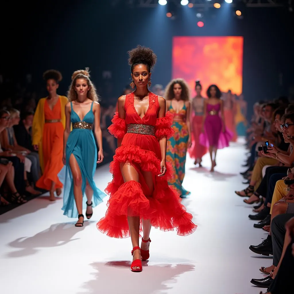 Fashion show with models wearing bright colors