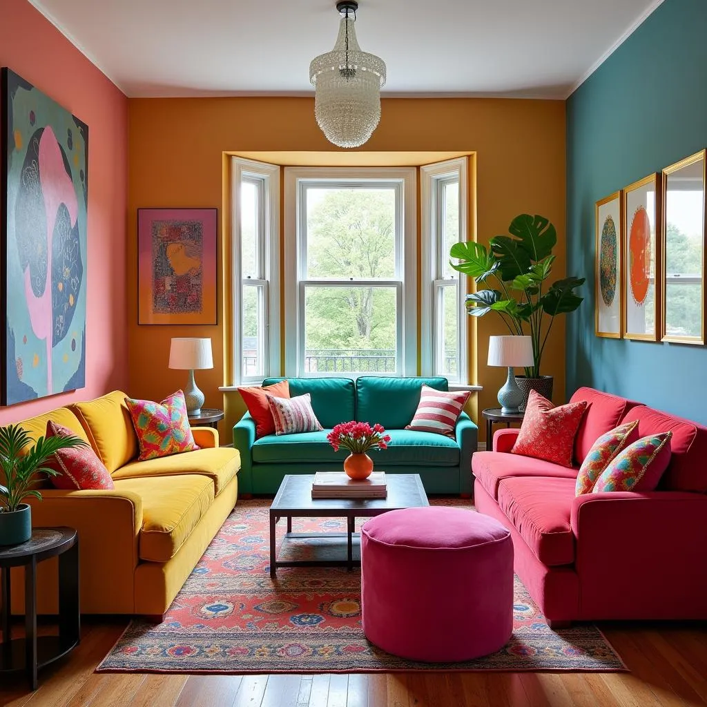 Living room with colorful furniture and decor