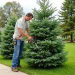 Colorado blue spruce tree being pruned in late spring