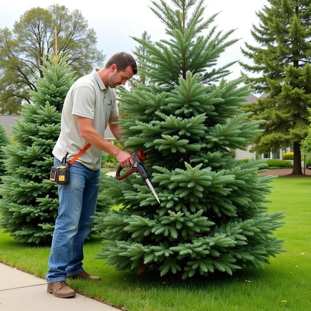 Colorado blue spruce tree being pruned in late spring