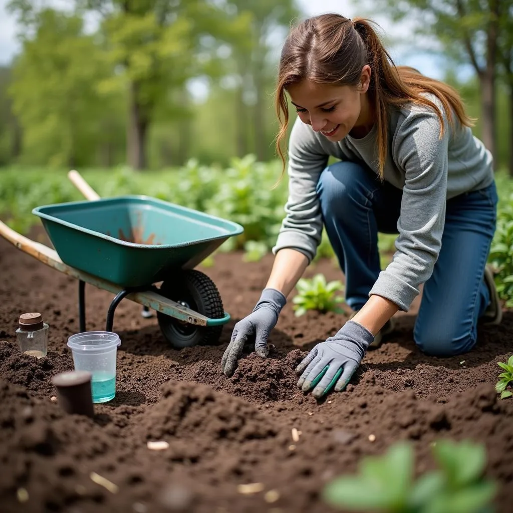 Colorado gardener amending soil for blueberries