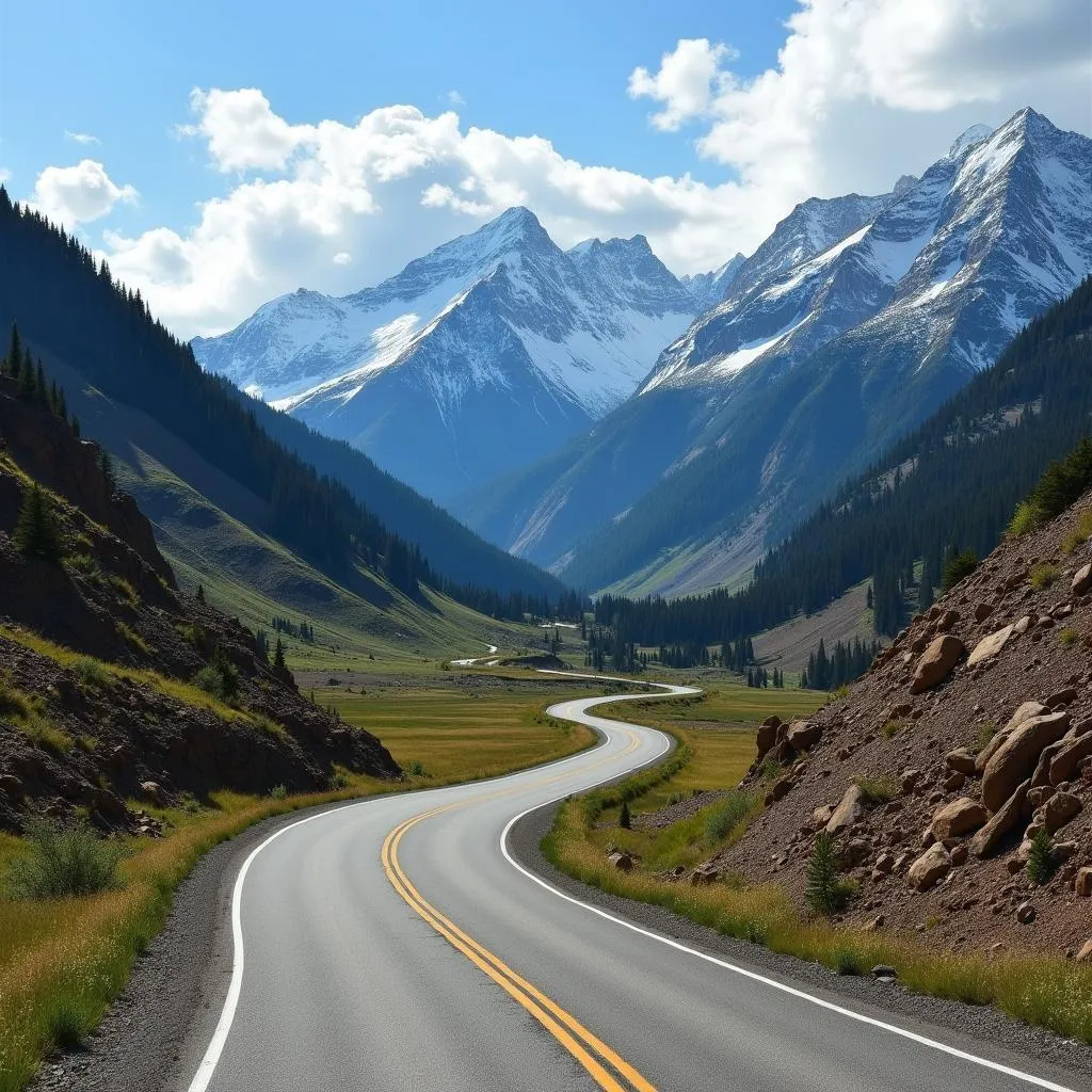 A scenic view of a winding road through a Colorado mountain pass