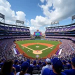 Fans cheering for Colorado Rockies vs Kansas City Royals at Coors Field