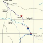 Route map showcasing the driving path from Colorado Springs to Estes Park, including major highways and landmarks along the way.