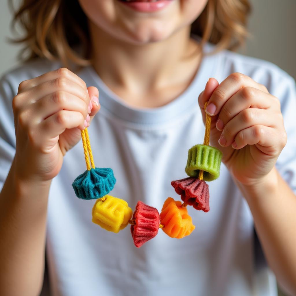 A child proudly displaying a colorful pasta necklace they made.