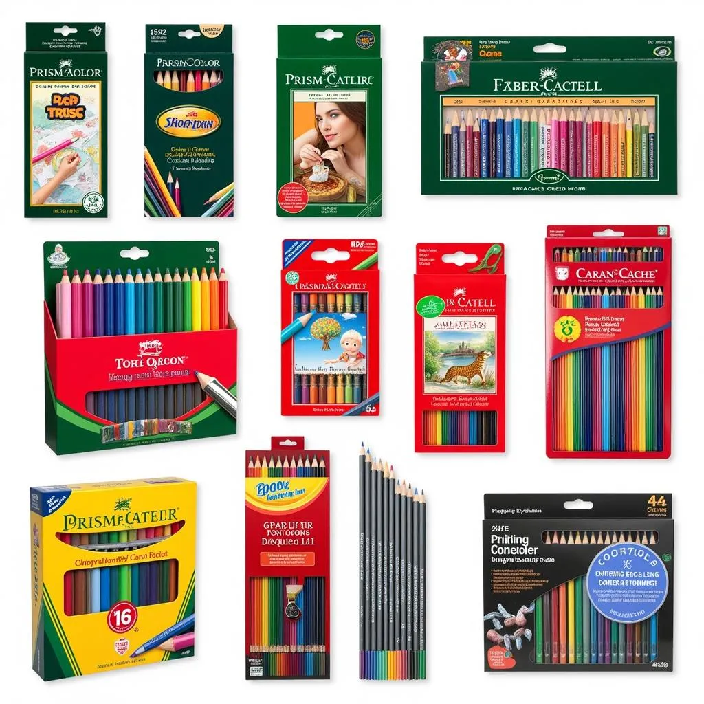 A selection of colored pencil sets from different brands.