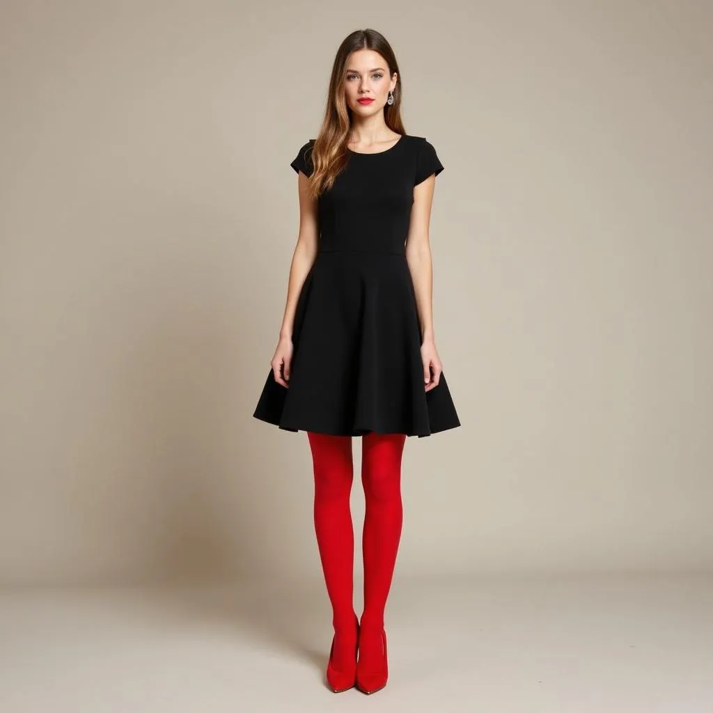 Fashionable woman wearing a black dress with colorful stockings