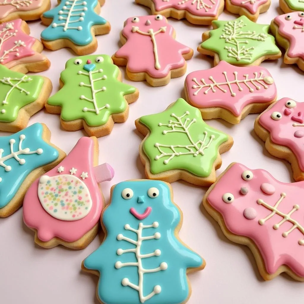 A variety of colorfully decorated sugar cookies.