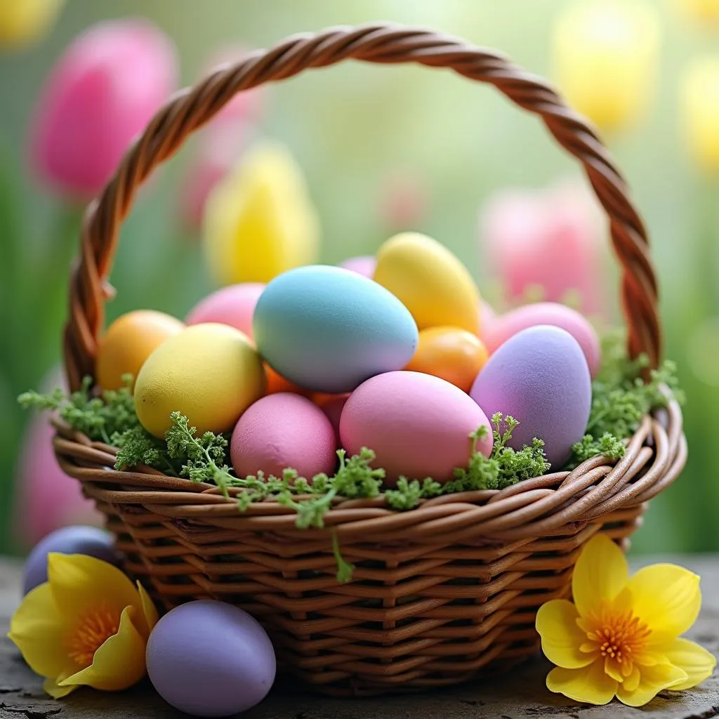 Basket Overflowing with Colorful Easter Eggs