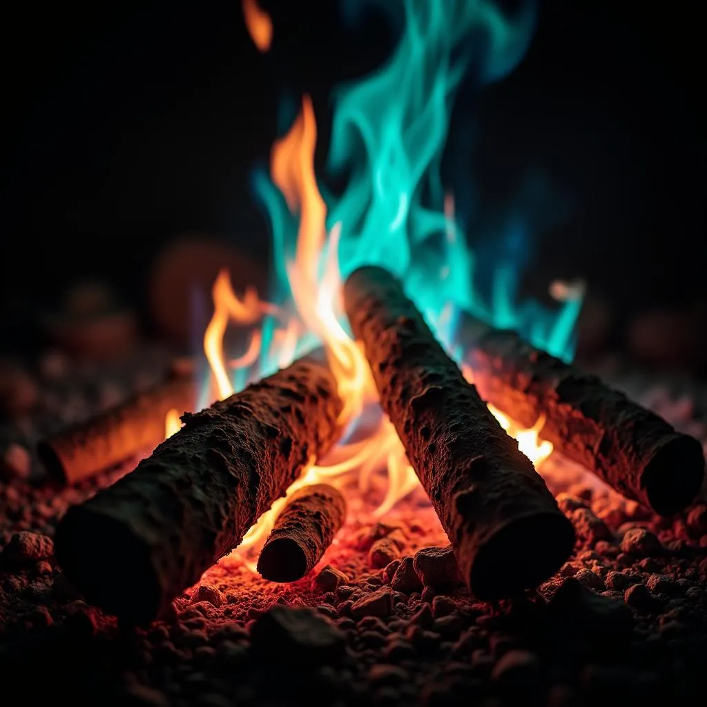 Campfire with vibrant blue and green flames