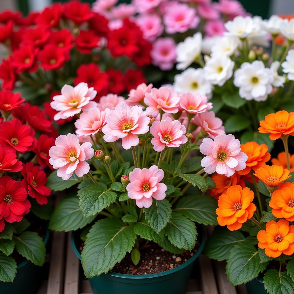 An Array of Colorful Geraniums in Flower Pots