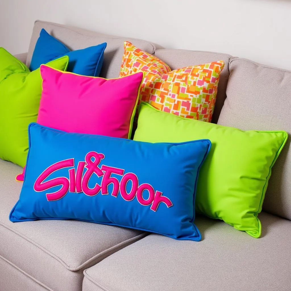 Throw pillows in various punky colors and geometric patterns.