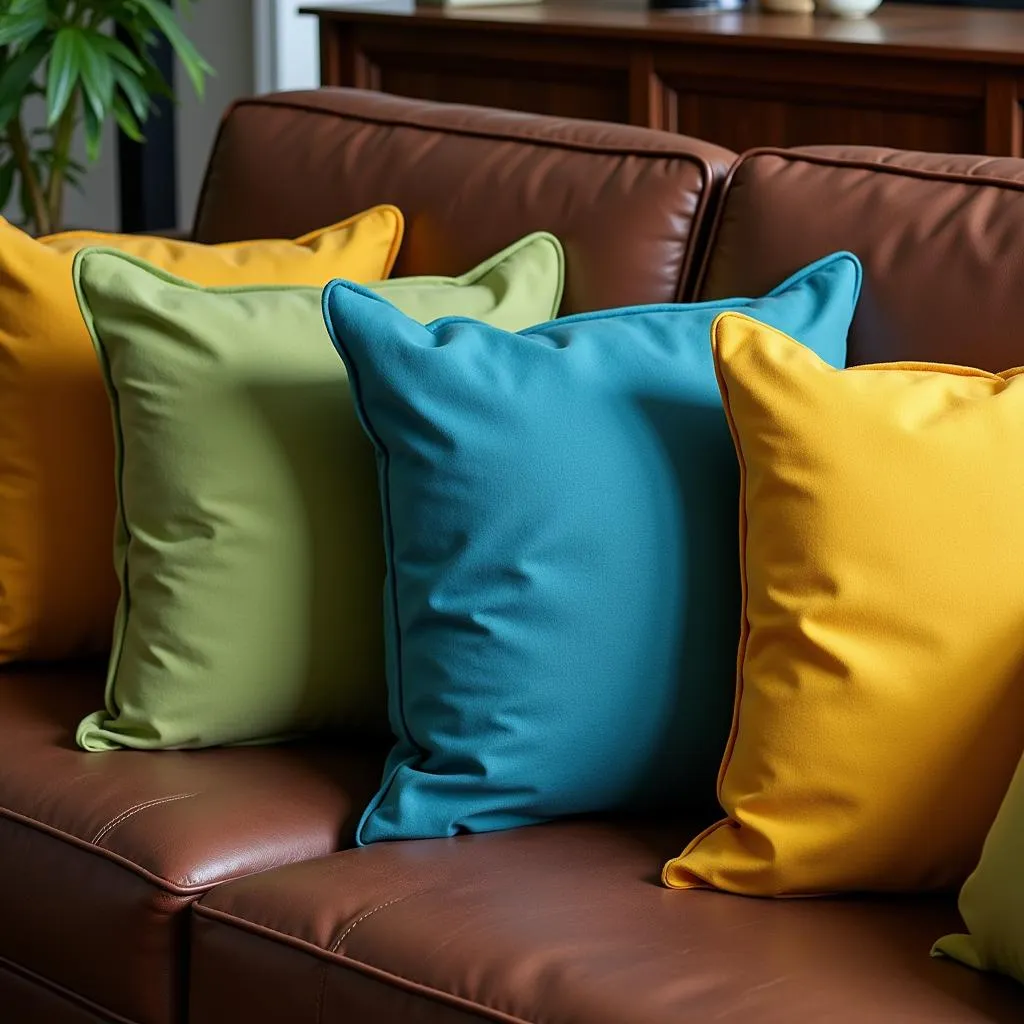 Colorful throw pillows on a leather sofa