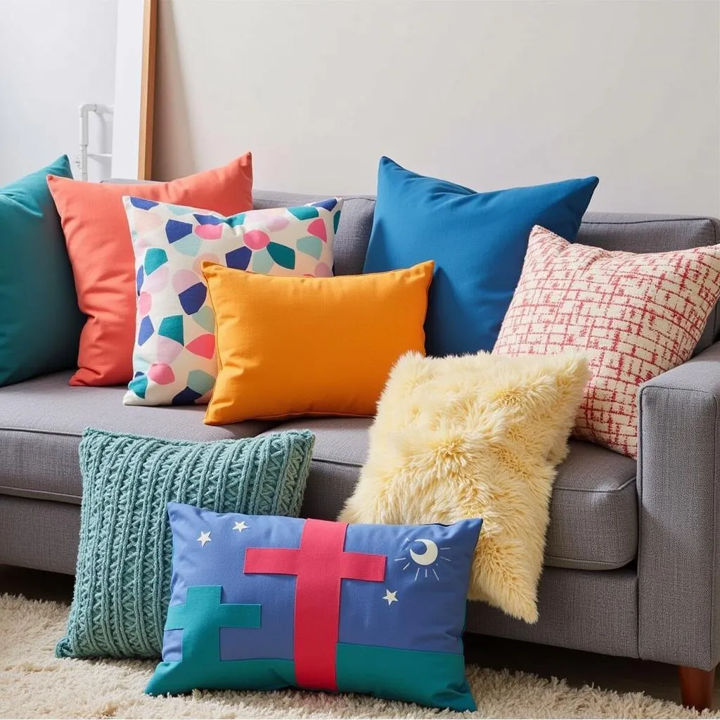 Throw pillows in various colors and patterns on a gray couch