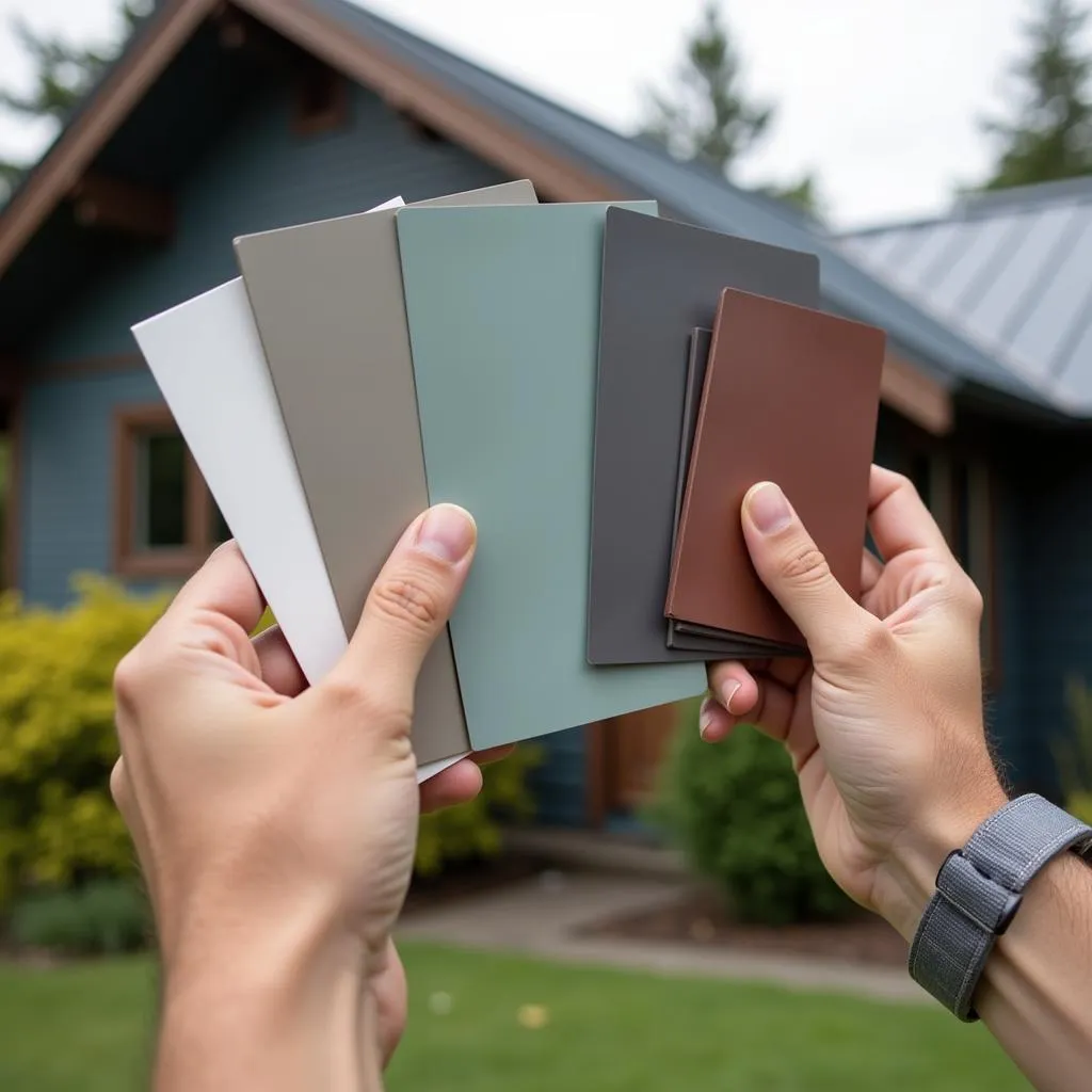 Homeowner comparing metal roof color samples.