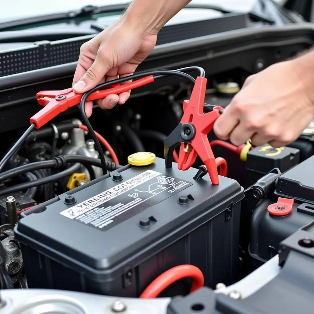 A person connecting jumper cables to a car battery.