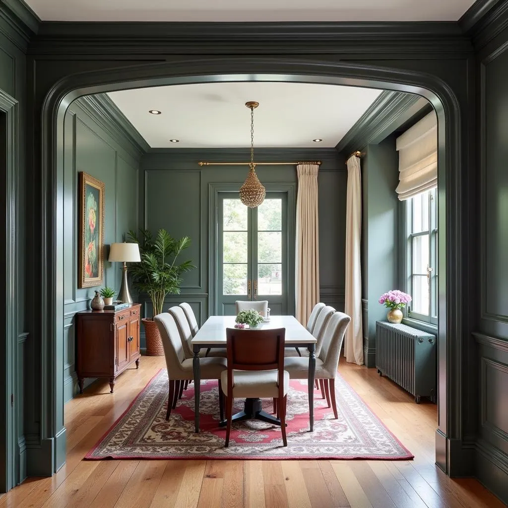 Contrasting crown molding in a traditional dining room