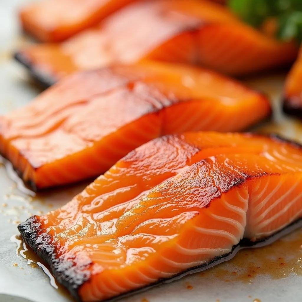 Different shades of cooked salmon