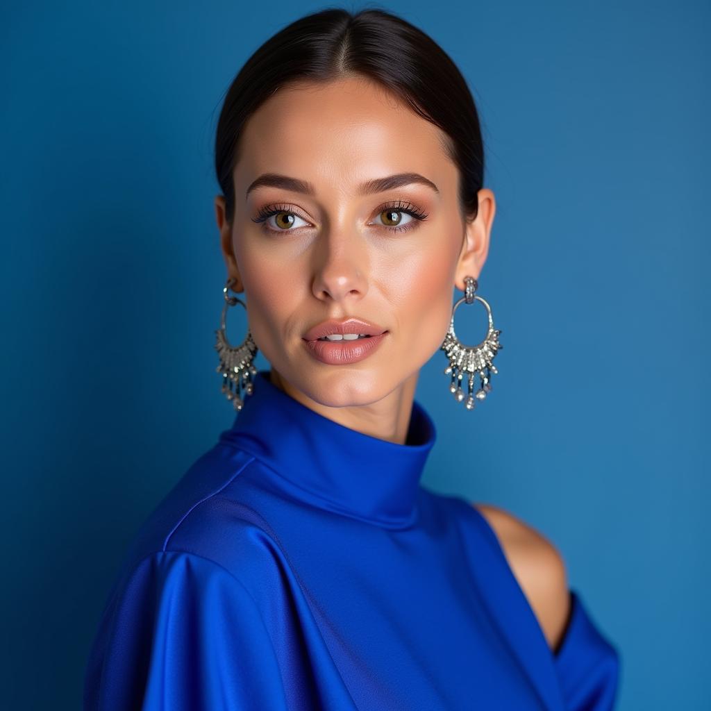 woman with fair skin and cool undertones wearing a royal blue dress